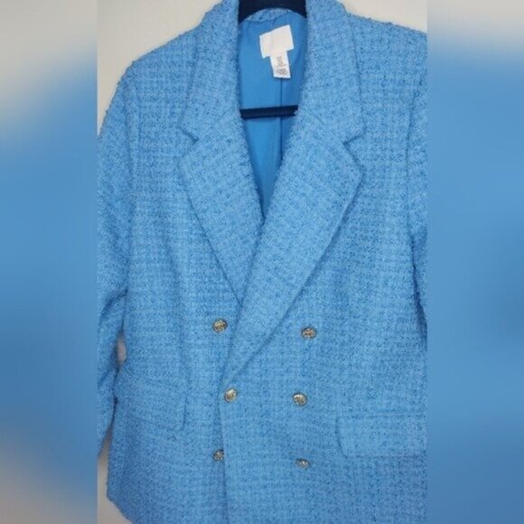 H&M Blue Tweed Double Breasted Bouclé Jacket Long Sleeve M - Picture 3 of 7